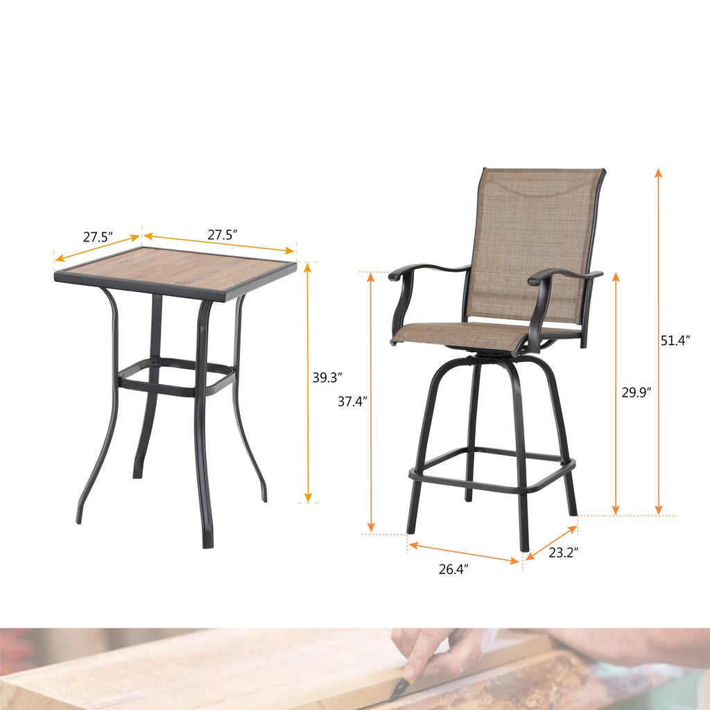 3 Piece Outdoor Bar Height Swivel Chairs and Table Bistro Set M1830