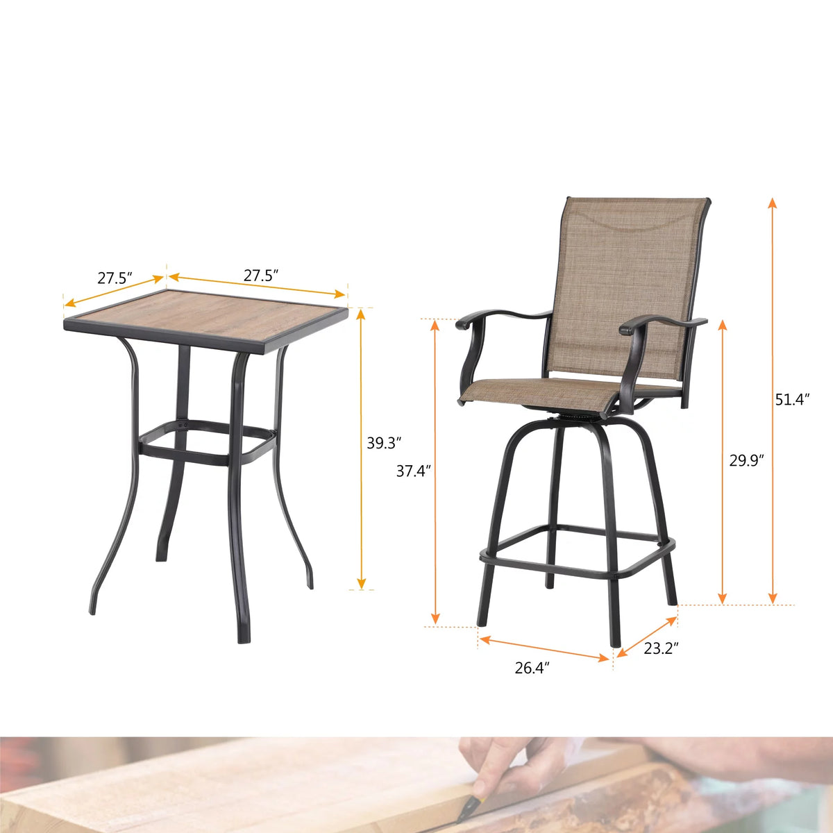 3 Piece Outdoor Bar Height Swivel Chairs and Table Bistro Set M1830