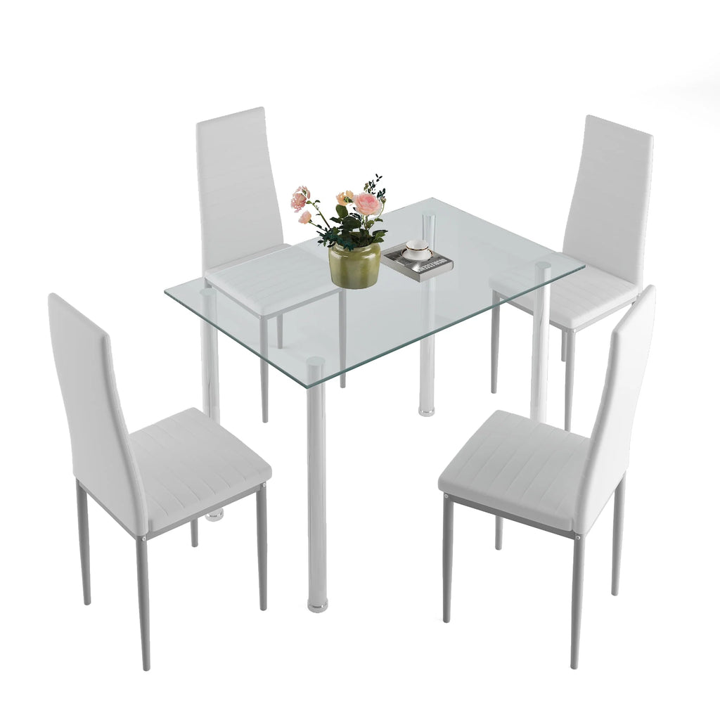 White 5 Pieces Tempered Glass Dining Table Set with 4 Chairs G842606