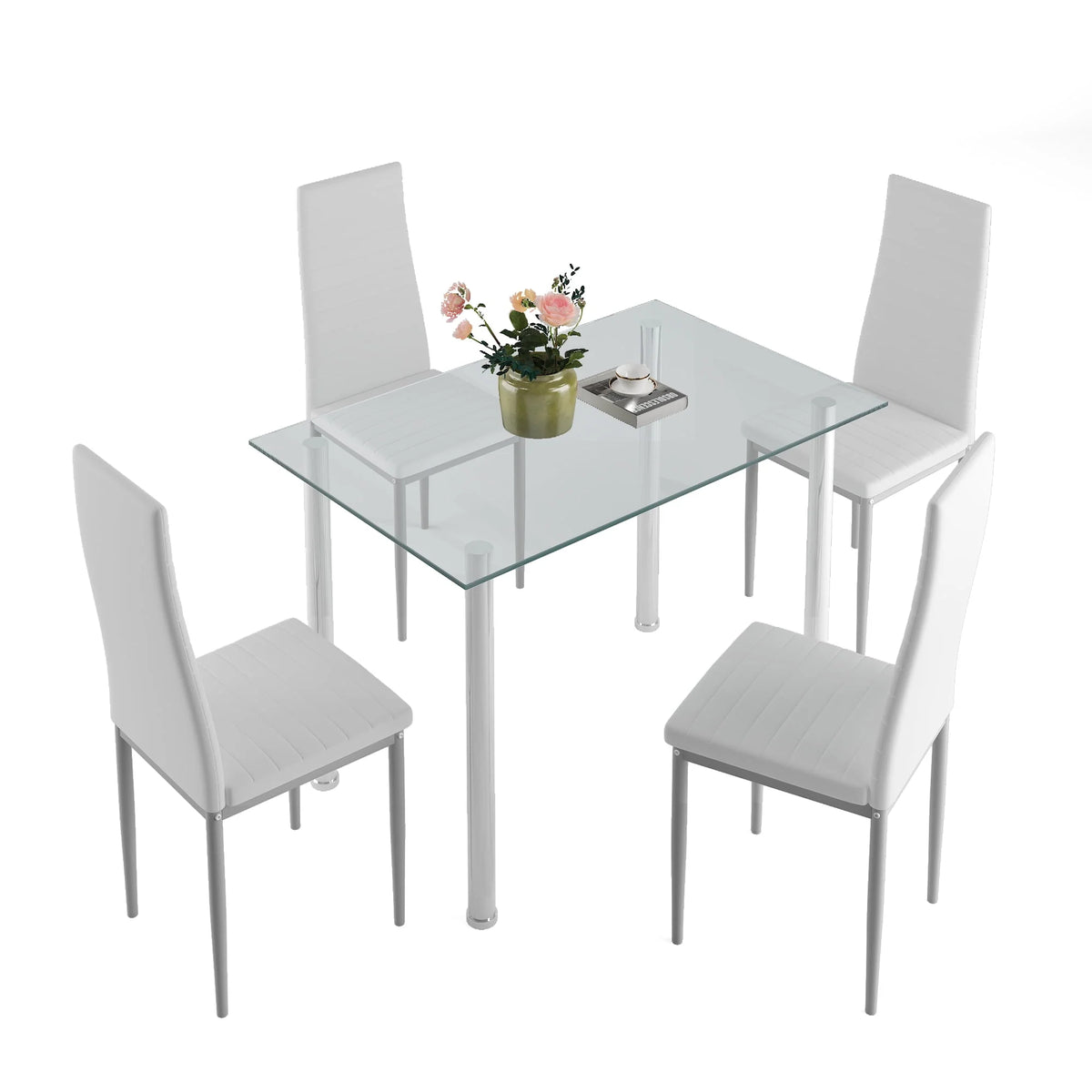 White 5 Pieces Tempered Glass Dining Table Set with 4 Chairs G842606