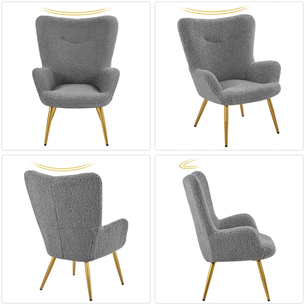 Gray Boucle Accent Chair and Ottoman Set with Golden Metal Legs J16099