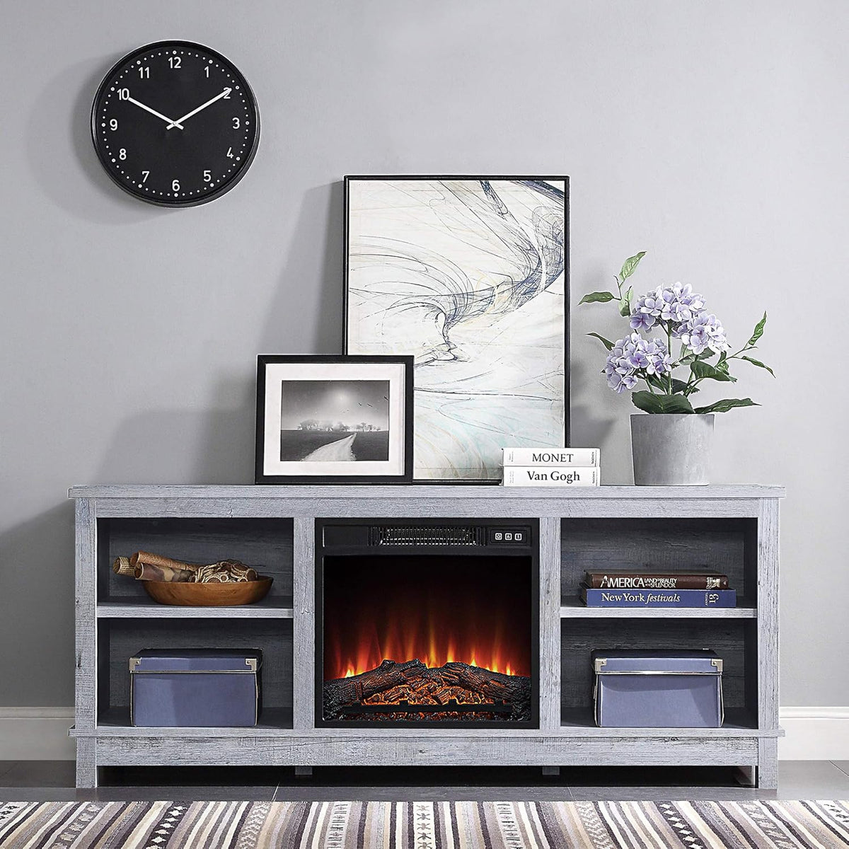 Gray Wash TV Stand with Wood Glass Storage Cabinets O523284