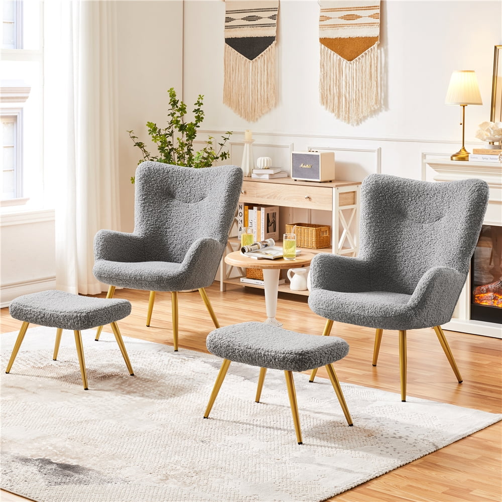 Gray Boucle Accent Chair and Ottoman Set with Golden Metal Legs J16099