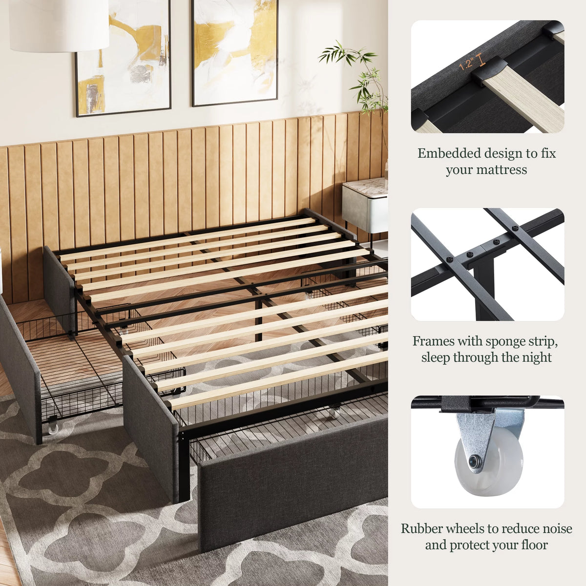 Queen Size Upholstered Platform Bed Frame with 3 Storage Drawers E799558