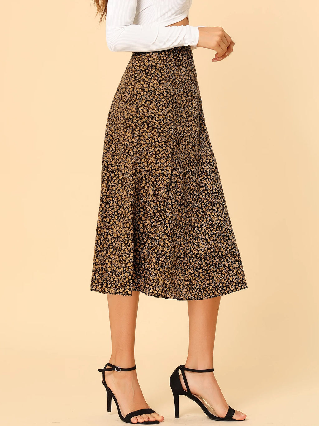 Elastic Waist A-Line Printed Midi Skirt B2544