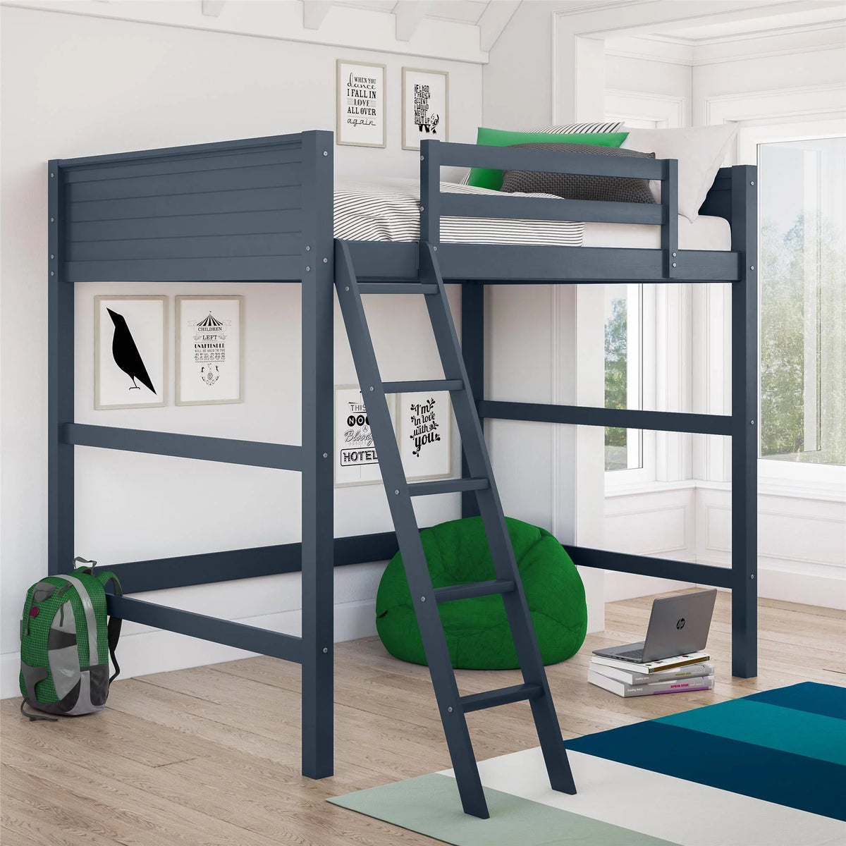 Full Size Loft Bed with Ladder, Black W6023