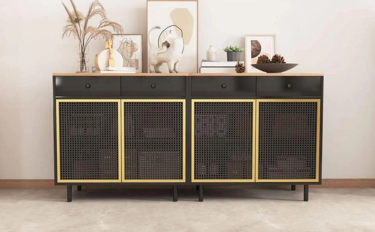 Modern Iron Rattan Buffet Sideboard Cabinet Set of 2 R754