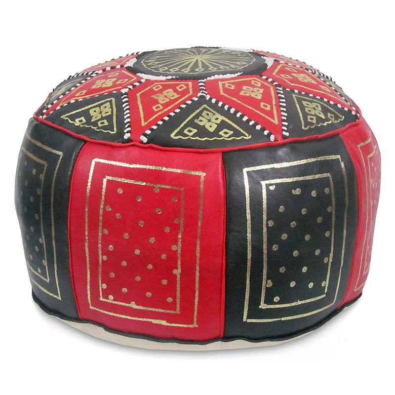 Black / Red Leather Pouf Ottoman I21278