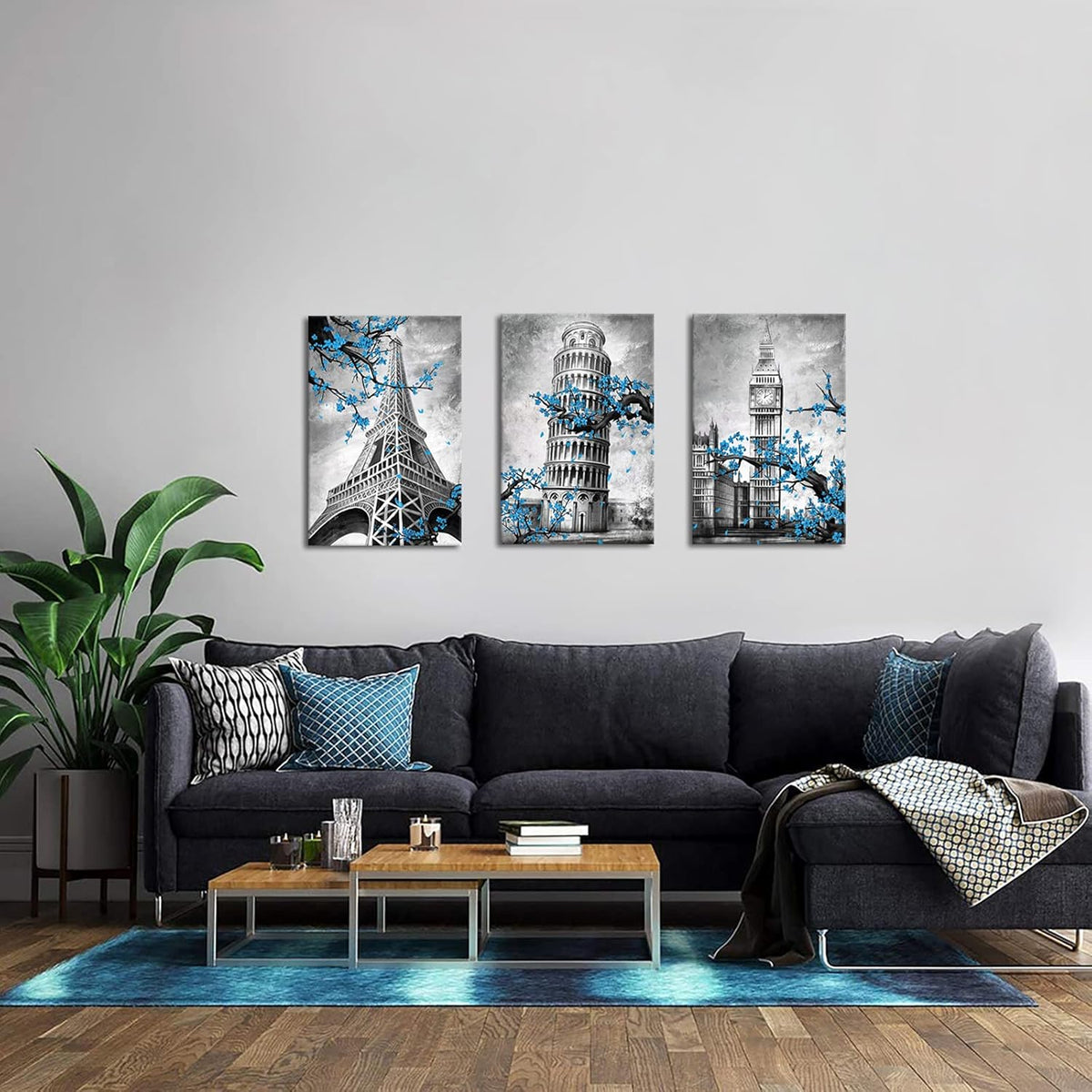 3 Pieces Blue Plum Blossom Canvas Wall Art 16x24inchx3pcs U196