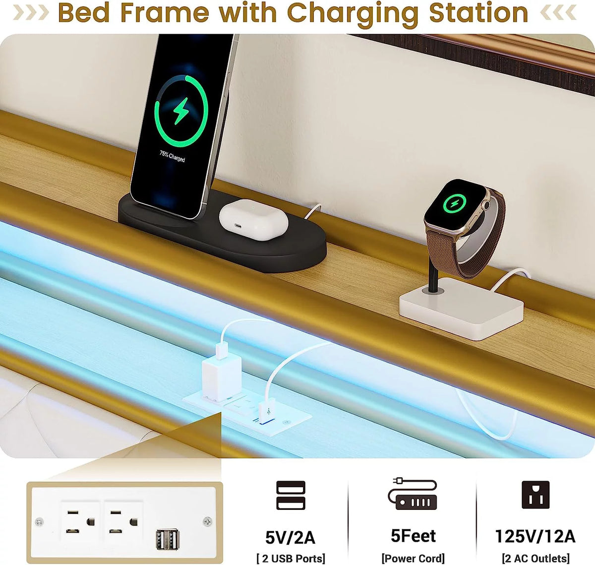 King LED Bed Frame with Power Outlets USB Ports Storage Headboard W6907